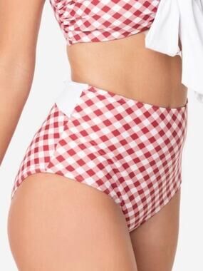 Unique Vintage Red Gingham Picnic Plaid High Waist Bikini Bottom XL NWT